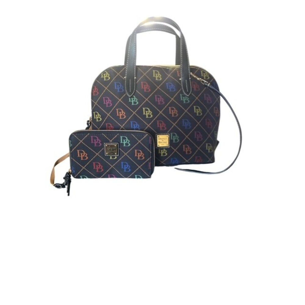 Dooney & Bourke DB75 Multi Domed Satchels black ,colorful monogram pattern.EUC